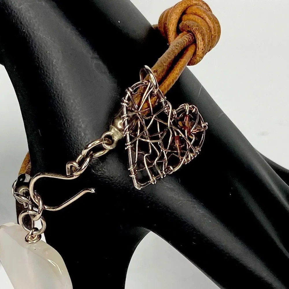 Stone Heart & Wire Charms Cord Boho Chic Bracelet